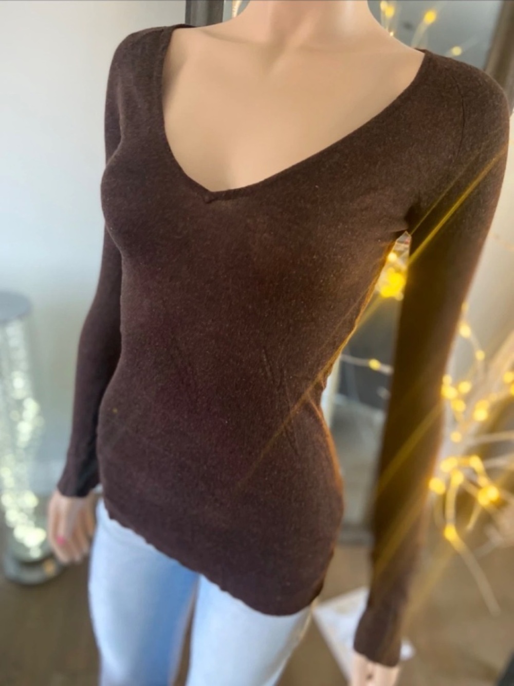 Ladies Brown Long Sleeve Deep V-Neck Sweater - Size S - Picture 7 of 10